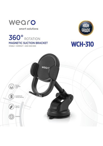 Uzayan Ayarlanabilir Vantuzlu Telefon Tutucu, Metalik Renk, 2 Yıl Garanti, Araç İçi Uyumlu