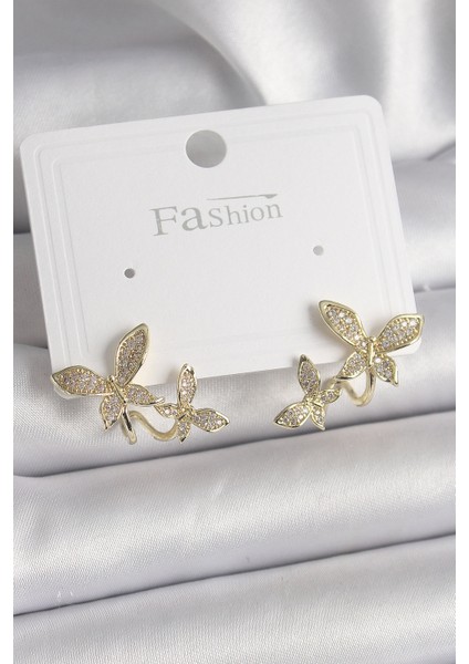 Mulvxxmd XDN02 Pirinç Gold Renk Zirkon Taşlı Kelebek Model Kadın Küpe (Mulvix)