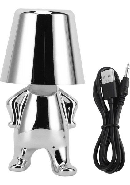 Yatak Başı Dokunmatik Kontrol Masa Lambası USB Şarj 3 Yönlü Kısılabilir Küçük Adam Heykeli LED Yatak Odası Dekorasyonu Gümüş F Tipi (Yurt Dışından)