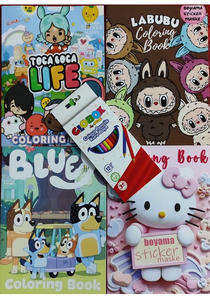 4 Adet Stickerli Boyama Kitabı 12 Li Kuru Boya Kalemi Hediyeli (H.kitty/labubu/toca Boca/bluey )X04
