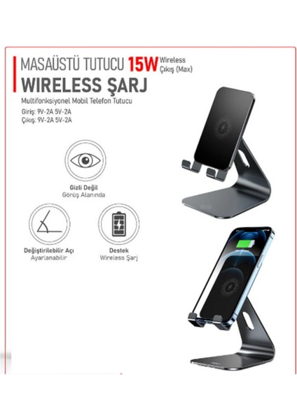Ayarlanabilir masaüstü telefon ve tablet tutucu, kablosuz şarj, siyah, 6 ay garanti