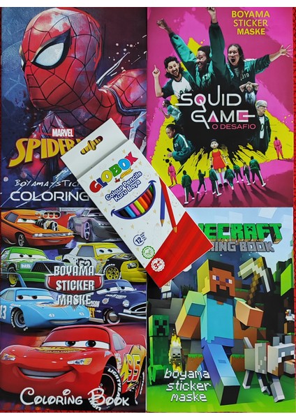 4 Adet Stickerli Boyama Kitabı 12 Li Kuru Boya Kalemi Hediyeli (Örü Ad./squid G/mcraft/arabalar )X09