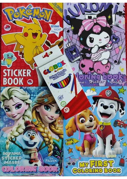 4 Adet Stickerli Boyama Kitabı 12 Li Kuru Boya Kalemi Hediyeli (Paw Patrol/kuromi/pocemon/elsa )X07
