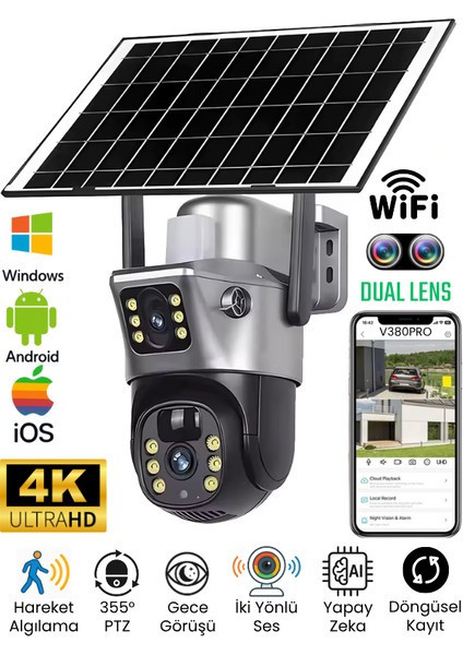 VIVA 735W V380 WİFİ Solar Güvenlik Kamerası Türkçe PTZ Hareketli Gece Görüşlü Güneş Panelli Akıllı Kamera