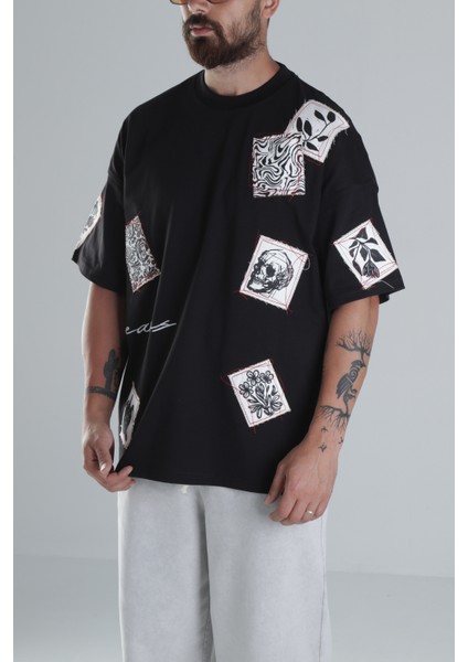 Yama Desenli Siyah Tasarım T-Shirt