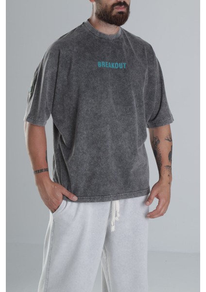 Breakout Yıkamalı Antrasit Oversize Tasarım T-Shirt