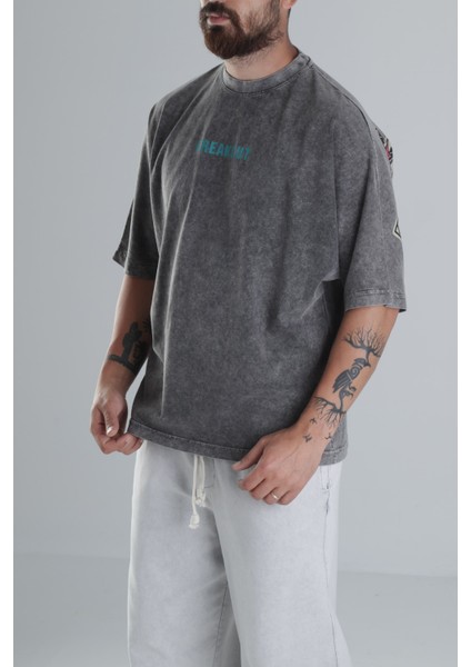 Breakout Yıkamalı Antrasit Oversize Tasarım T-Shirt