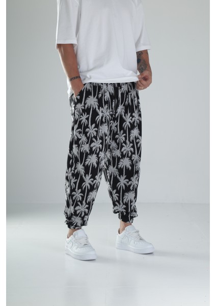 Palmiye Desenli Siyah Pileli Jogger