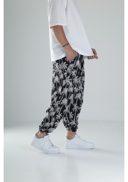 Palmiye Desenli Siyah Pileli Jogger modelleri
