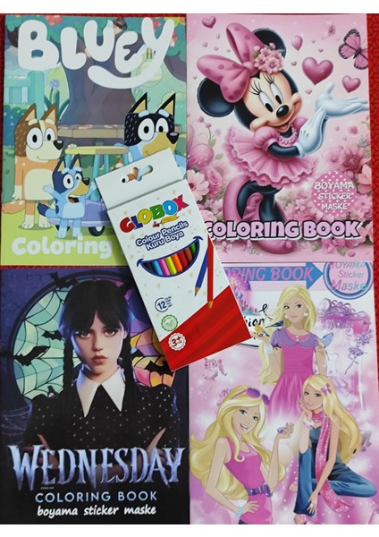 4 Adet Stickerli Boyama Kitabı 12 Li Kuru Boya Kalemi Hediyeli (MINNIE/BLUEY/WEDNESDAY/BARBIE)X25