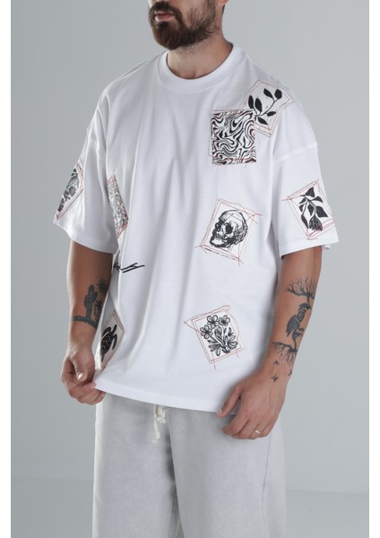 Erkek Beyaz Oversize Yama Desenli Tasarım T-Shirt COC1301 fiyatları