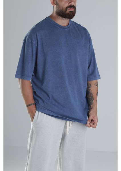 Yıkamalı Mavi Oversize T-Shirt