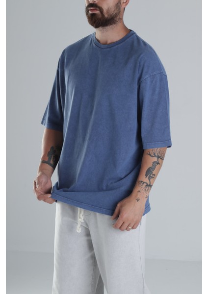 Yıkamalı Mavi Oversize T-Shirt