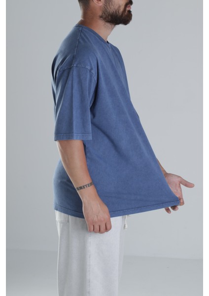 Yıkamalı Mavi Oversize T-Shirt