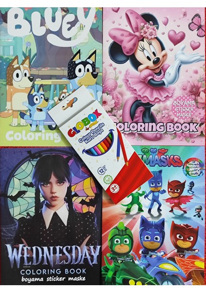 4 Adet Stickerli Boyama Kitabı 12 Li Kuru Boya Kalemi Hediyeli (MINNIE/BLUEY/WEDNESDAY/PIJAMASKE)X24