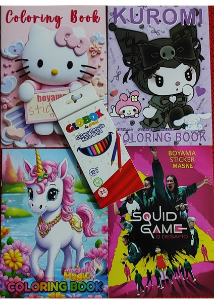 4 Adet Stickerli Boyama Kitabı 12 Li Kuru Boya Kalemi Hediyeli (Hello KITTY/KUROMI/UNICORN/SQUID)X28