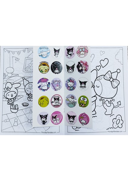 4 Adet Stickerli Boyama Kitabı 12 Li Kuru Boya Kalemi Hediyeli (Hello KITTY/KUROMI/UNICORN/SQUID)X28