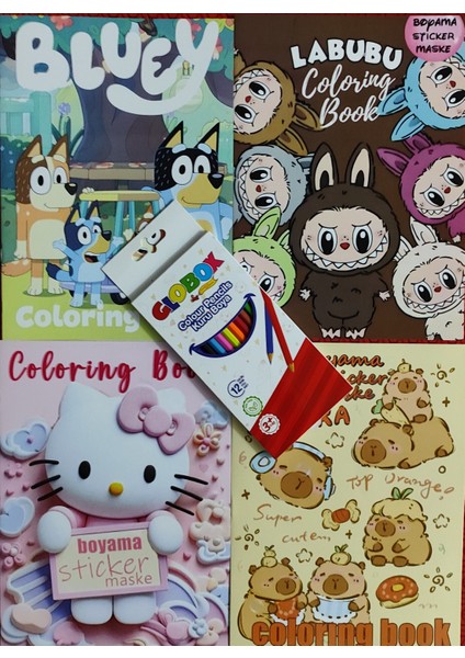 4 Adet Stickerli Boyama Kitabı 12 Li Kuru Boya Kalemi Hediyeli(Labubu/bluey/capybara/hello KITTY)X22
