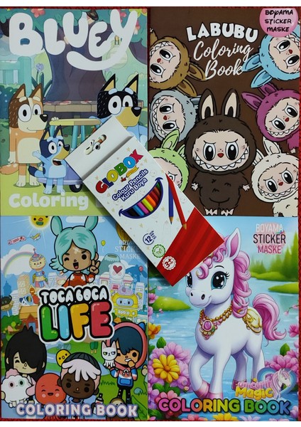 4 Adet Stickerli Boyama Kitabı 12 Li Kuru Boya Kalemi Hediyeli (Labubu/bluey/unicorn/toca BOCA)X20