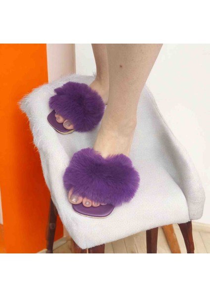 Mor Tüylü Kadın Terlik – Rahat, Günlük ve Çeyizlik Ev Terliği