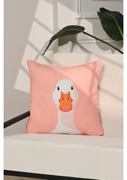 Duck Face Sevimli Kaz Illüstrasyonlu Pembe Kırlent Kılıfı – 43X43CM