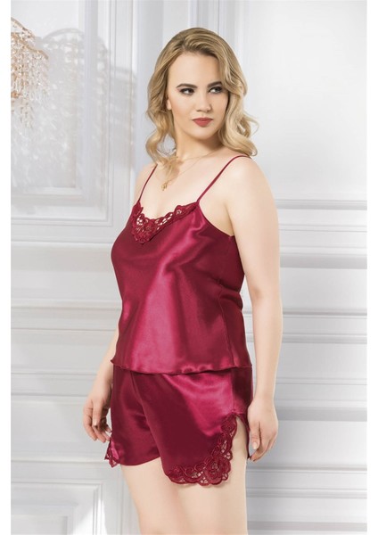 Büyük Beden Bordo Saten Babydoll Şort Takımı