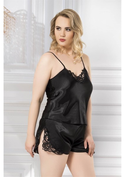 Büyük Beden Siyah Saten Babydoll Şort Takımı