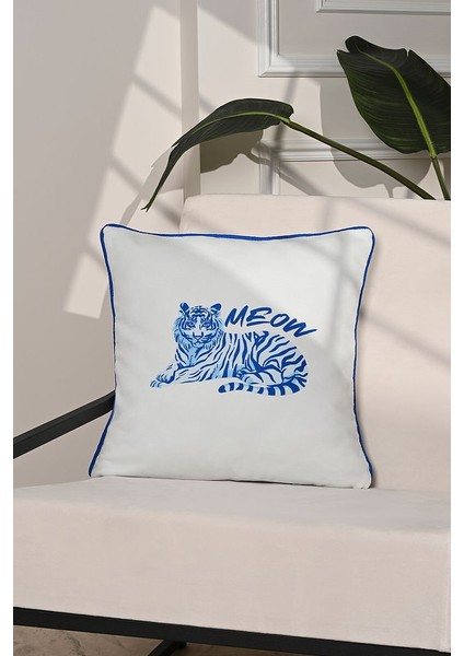 Blue Meow Mavi Kaplan Illüstrasyonlu Kırlent Kılıfı – 43X43CM