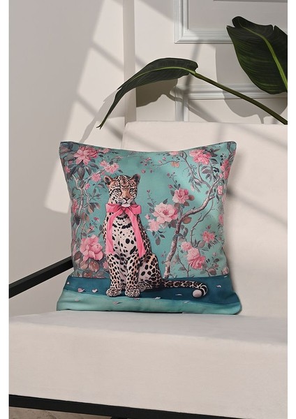 Floral Leopard Pembe Kurdeleli Çiçekli Leopar Kırlent Kılıfı – 43X43CM