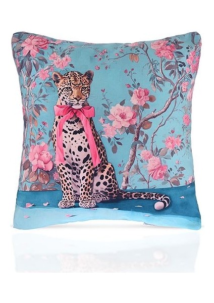 Floral Leopard Pembe Kurdeleli Çiçekli Leopar Kırlent Kılıfı – 43X43CM fiyatları