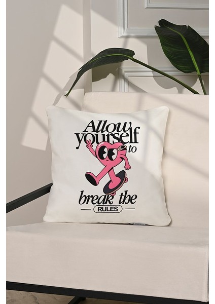 Break The Rules Kaykaylı Kalpli Illüstrasyon Kırlent Kılıfı – 43X43CM