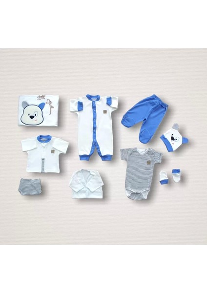 Minik Centilmen Ayı Nakışlı 10LU Zıbın Takımı Hastane Çıkışı Mavi