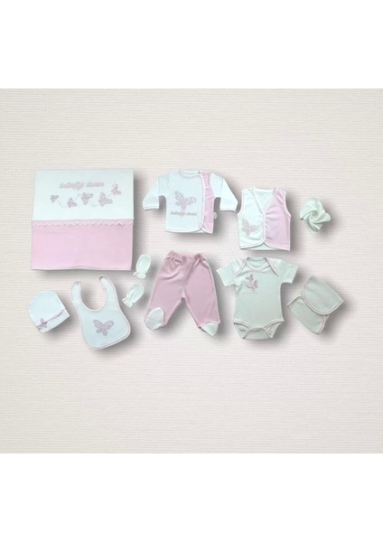 Uçan Kelebekler Nakışlı 10LU Zıbın Takımı Hastane Çıkışı Pembe