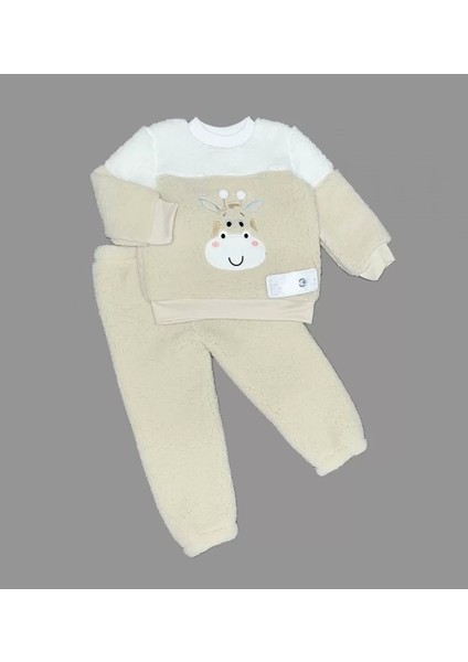 1-2-3 Yaş Ponponlu Zürafa Desenli Kuzu Kumaş Uzun Kollu 2li Kız Erkek Çocuk Takımı Bej