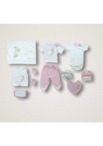 Baharın Çiçekli Kalbi Nakışlı 10LU Zıbın Takımı Hastane Çıkışı Pembe