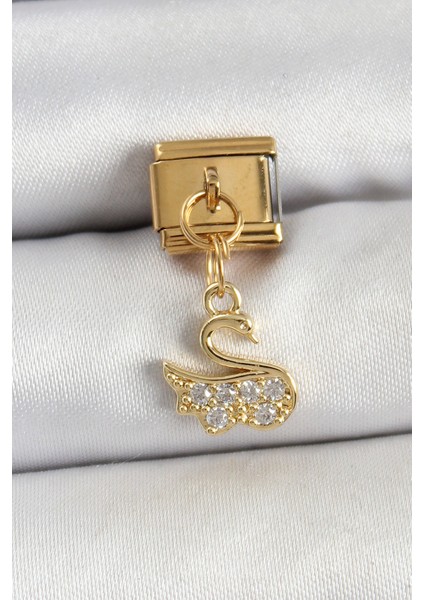 316L Çelik Sallantılı Zirkon Taşlı Kuğumodel Gold Renk Nomination Charm