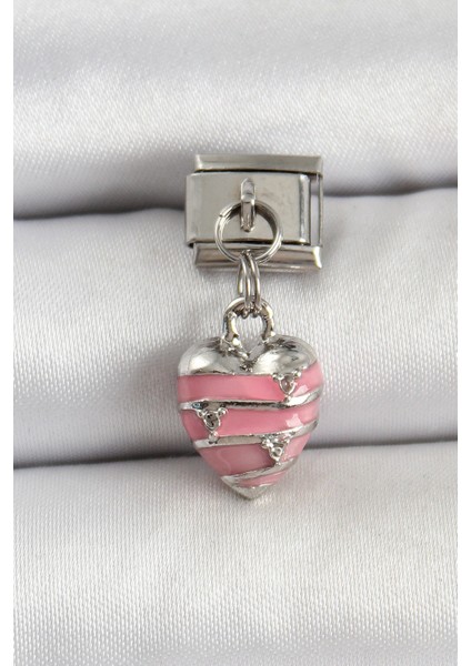 316L Çelik Gümüş Renk Pembe Kalp Model Nomination Charm