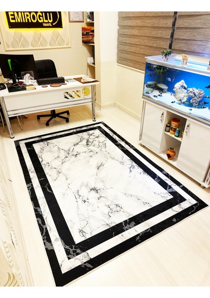 Mermer Desen Siyah Şerit Özel Süngerli Yüzey Makinede Yıkanabilir Kaymaz Taban Halı
