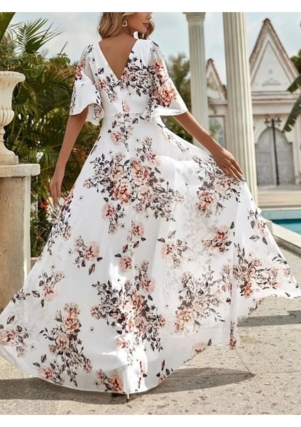 Kadın Kısa Kollu V Yakalı Çiçek Desenli Süprem Elbise fırsatları