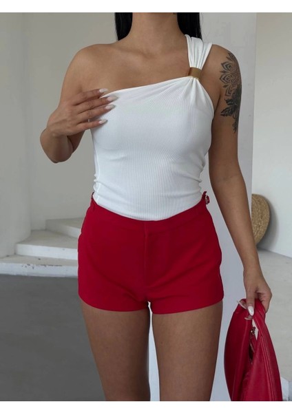 Tek Omuzlu Otoman Kumaş Gold Metal Detaylı Bluz S2311