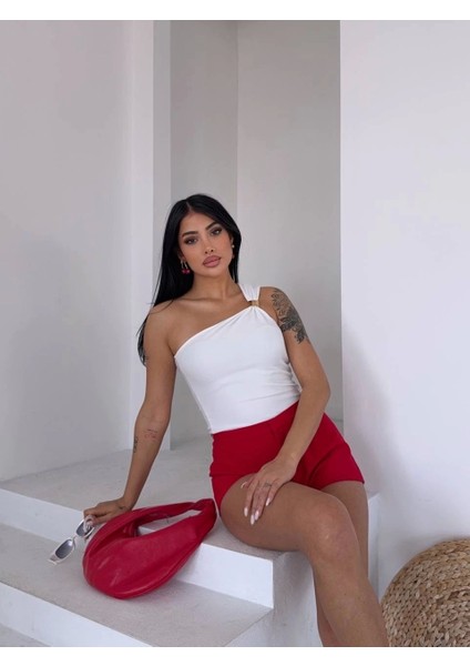 Tek Omuzlu Otoman Kumaş Gold Metal Detaylı Bluz S2311 modelleri