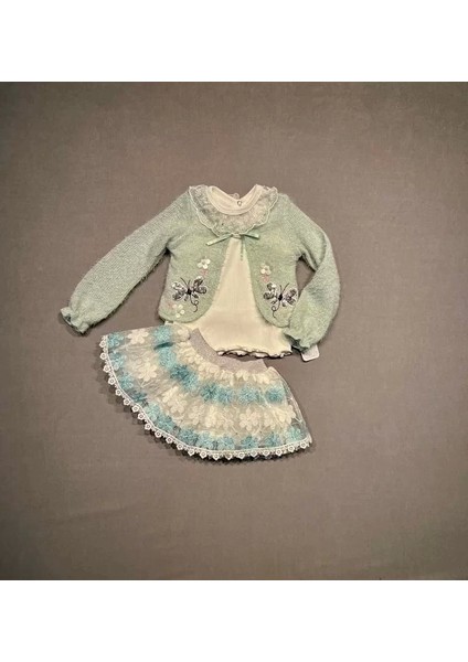 1-2-3 Yaş Brode Etekli Örme Hırkalı Uzun Kollu Sweat 3lü Kız Çocuk Takımı Su Yeşili