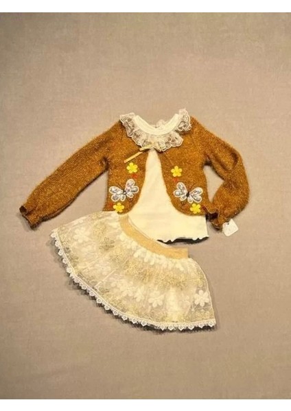1-2-3 Yaş Brode Etekli Örme Hırkalı Uzun Kollu Sweat 3lü Kız Çocuk Takımı Hardal