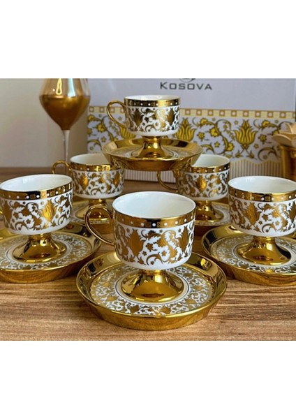 Şık 6 Kişilik Ayaklı Kahve Fincan Takımı, 12+ Parça, 90 ml, Zarif Tasarım