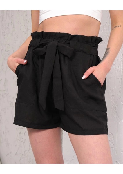 Kuşaklı Keten Şort Siyah S255265