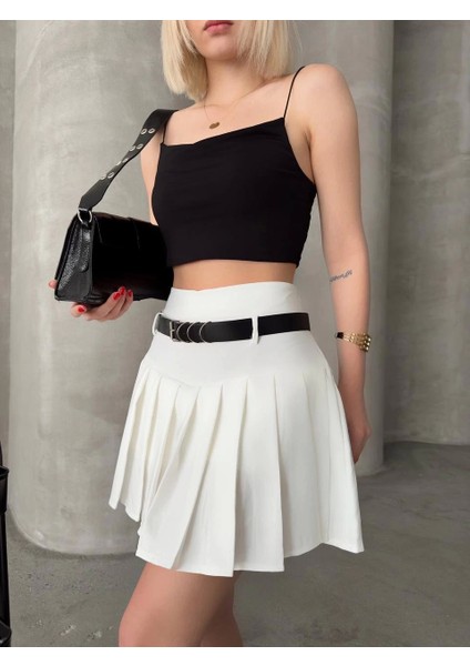 Kemerli Piliseli Şort Etek Beyaz S25305 modelleri