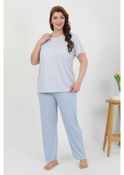 Modaserdem Mdsrdm Kadın Büyük Beden Kısa Kol Penye Pijama Takımı Mavi 202510