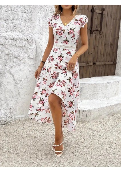Kadın Kısa Kollu V Yakalı Çiçek Desenli Önü Kısa Arkası Uzun Süprem Elbise indirimleri