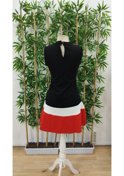 Kadın Sıfır Kol Yarı Balıkçı Yaka Şerit Detaylı Ithal Krep Elbise