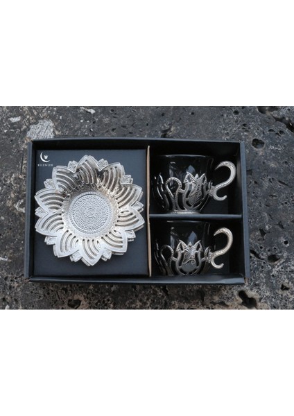 Şık Siyah Gümüş Desenli 6 Kişilik Takım, 6 Parça, Zarif Tasarım